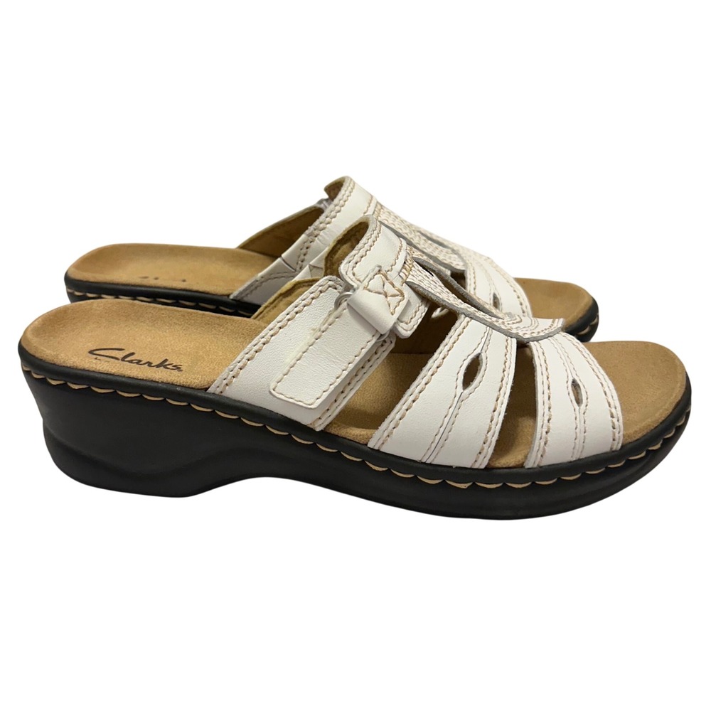 Clarks Bendables Womens White Leather Slide Sandals Wedge 37404 Size 8M - Picture 4 of 8